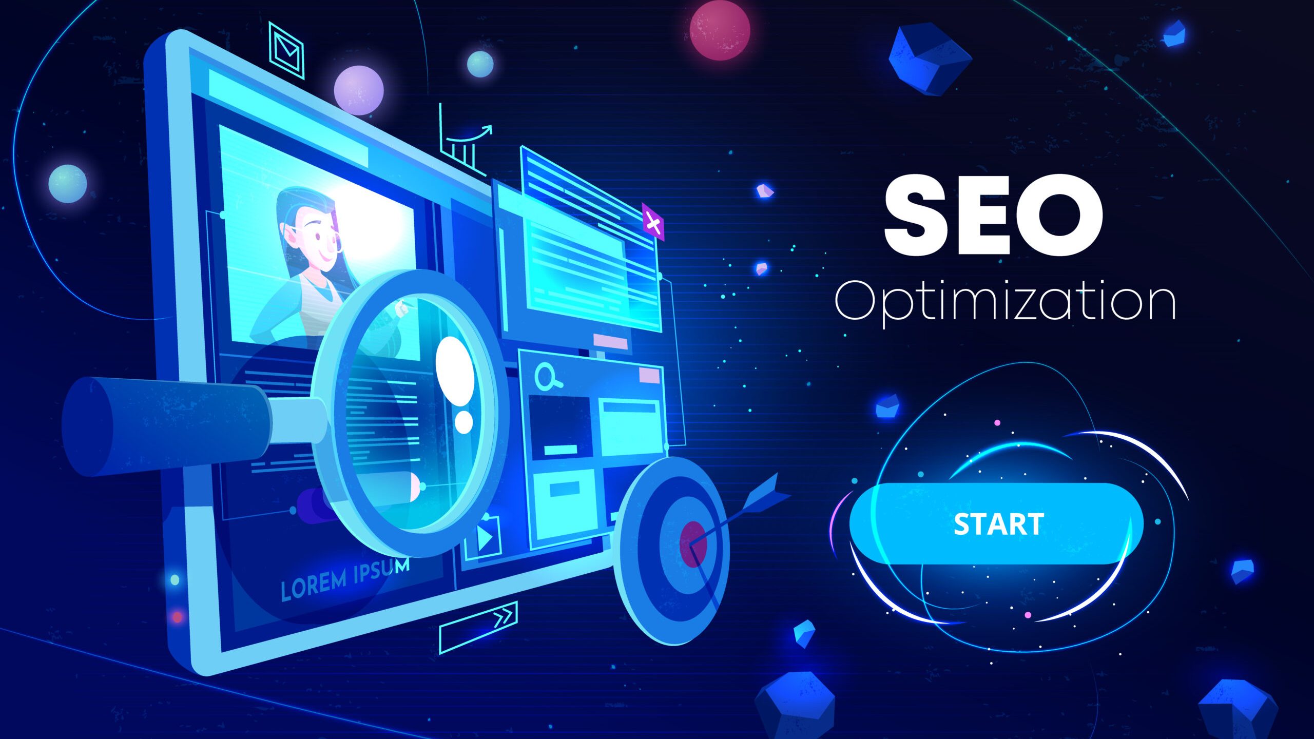 Seo optimization banner, marketing business technology, monitor with data analysis platform on screen, website research, neon glowing futuristic background. Cartoon vector illustration, landing page